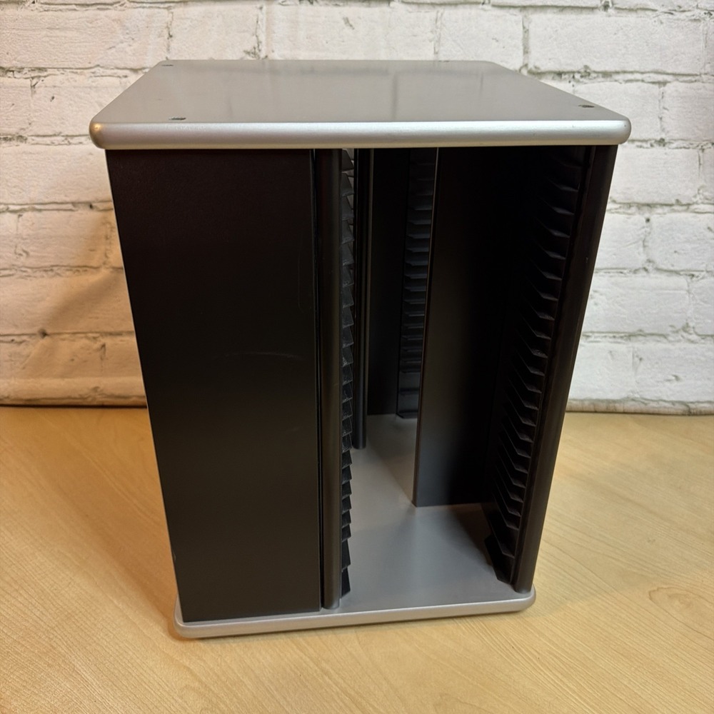 Vintage Wooden 100 CD Capacity  Black and Silver Rotating CD Storage Organizer